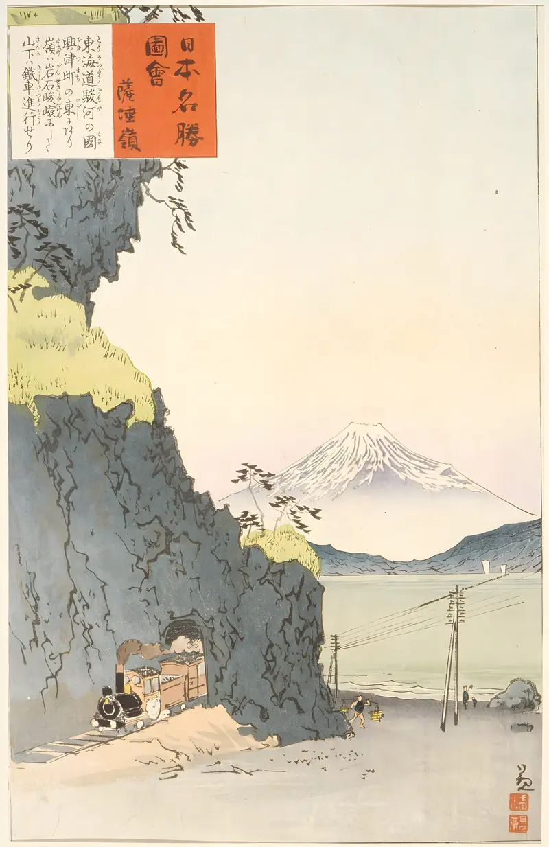Ukiyo-e landscape by Kobayashi Kiyochika depicting travelers on a road at dusk
