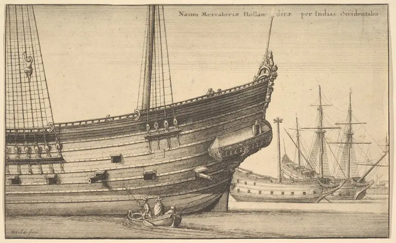 This artwork depicts Dutch merchants navigating through the Caribbean.