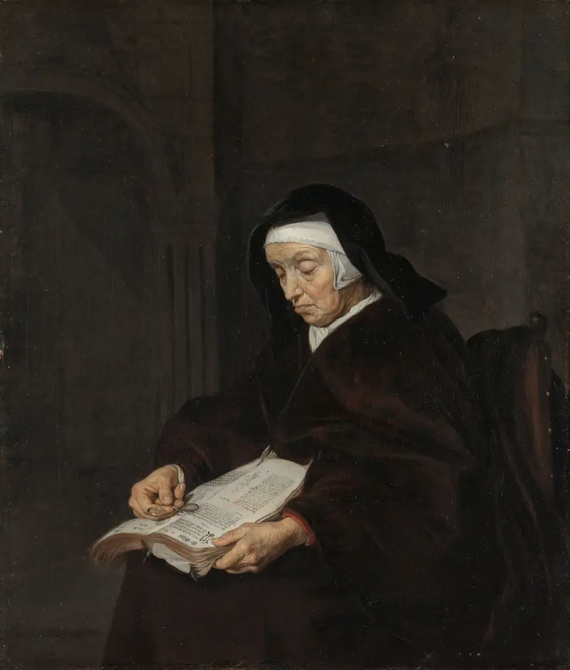 Old Woman Meditating, oil on panel by Gabriël Metsu, features an elderly woman with a book.