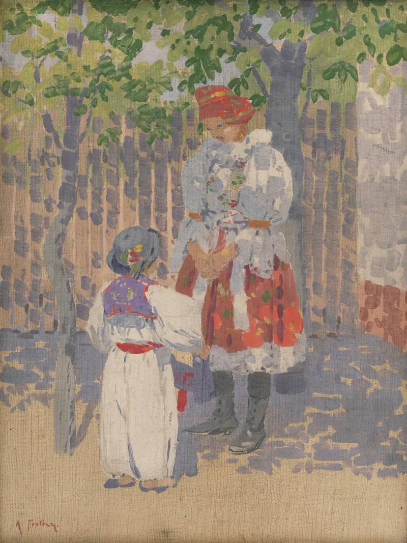 Two figures in traditional dress exchange a quiet moment under a leafy canopy, with a fence behind them.