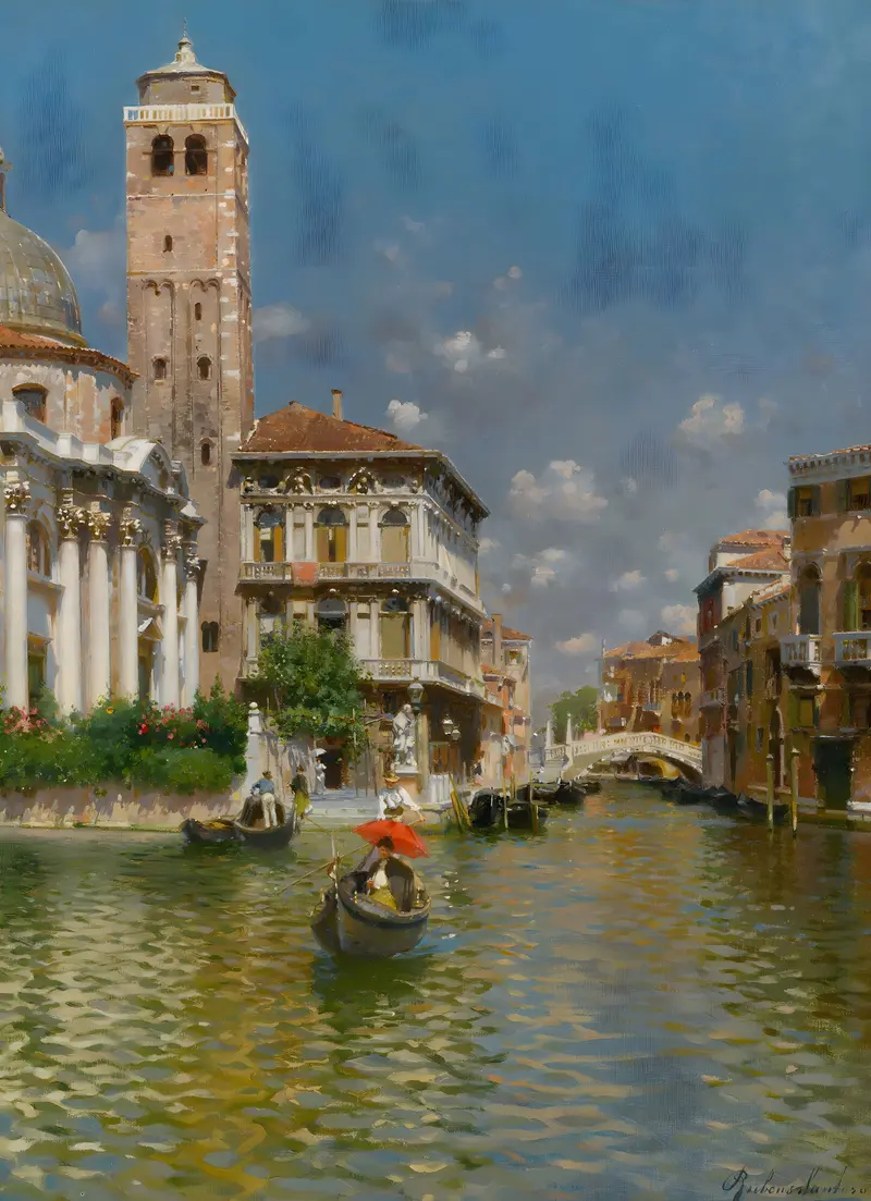 San Geremia And Palazzo Labia, Venice oil painting by Rubens Santoro, featuring a canal at dusk.