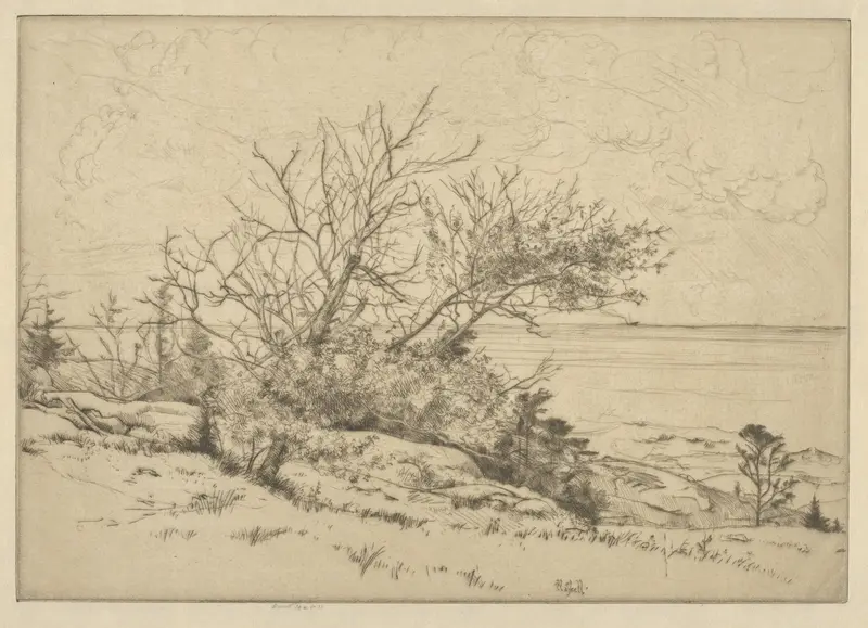 Watercolour by Ernest Haskell depicting a rugged coastline and gentle waves.