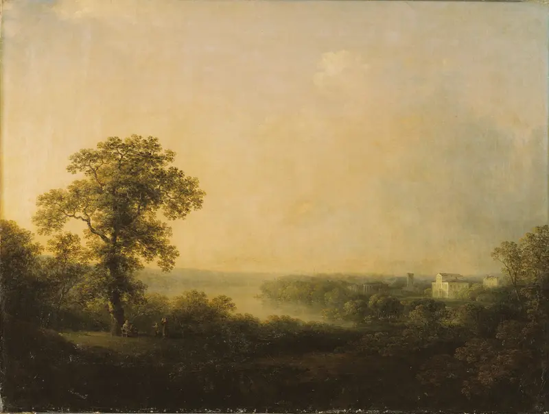 Landscape view with soft blues and greens by Carl Johan Fahlcrantz, oil painting