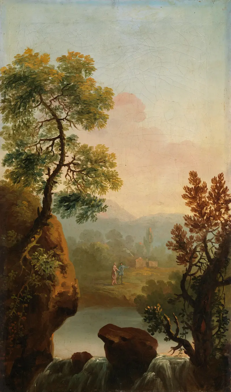 Landscape with Figures in the Background, oil on canvas by George Barret, featuring hills and silhouetted figures.