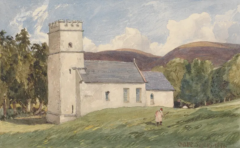Oare Church by Rev. James Bulwer, watercolor on paper depicting a church steeple against a fading sky.