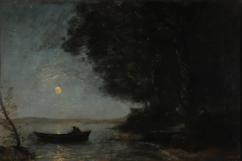 Landscape of a lake at twilight by Jean-Baptiste-Camille Corot, oil painting
