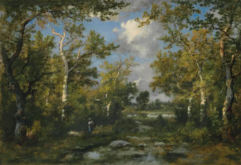 Forest landscape with dappled sunlight, oil on canvas by Narcisse-Virgile Diaz de La Peña