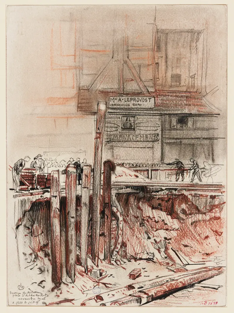 Watercolour by Charles Jouas depicting a construction scene with laborers