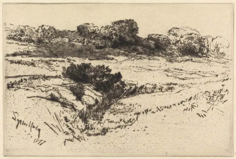 Engraving by Francis Seymour Haden depicting Windmill Hill with rolling hills and a windmill