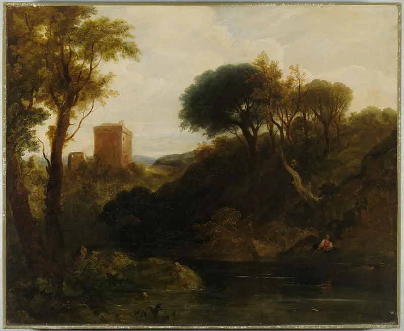Romantic landscape with a castle, oil on canvas by an unidentified artist