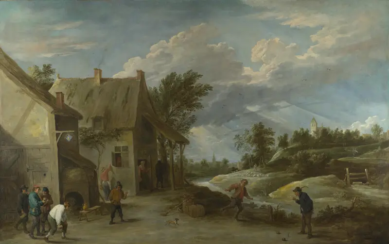 Peasants playing bowls outside a village inn, oil on canvas by David Teniers the Younger
