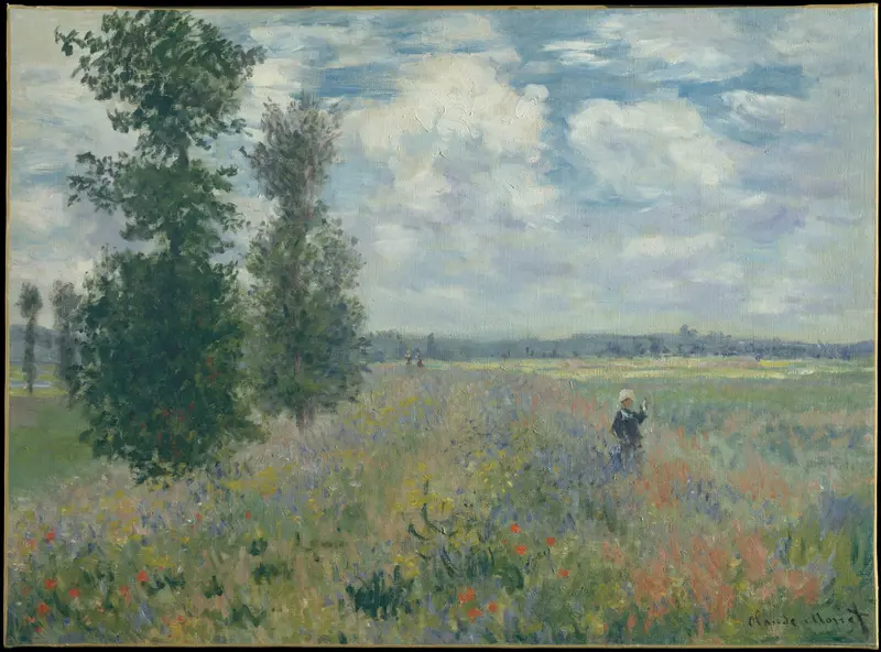 Poppy Fields near Argenteuil by Claude Monet, oil on canvas, vibrant red flowers in a landscape