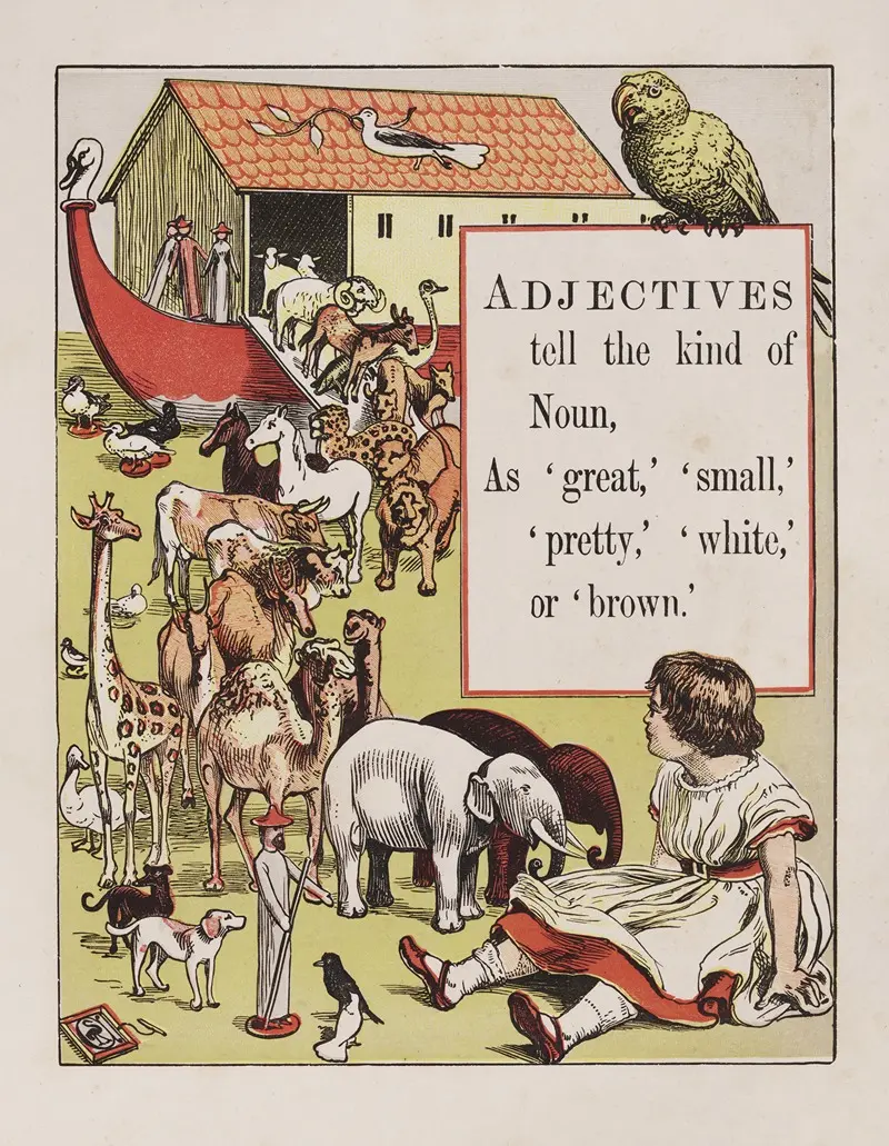 Walter Crane's 'Adjectives' is a vibrant illustration showcasing the playful nature of language.
