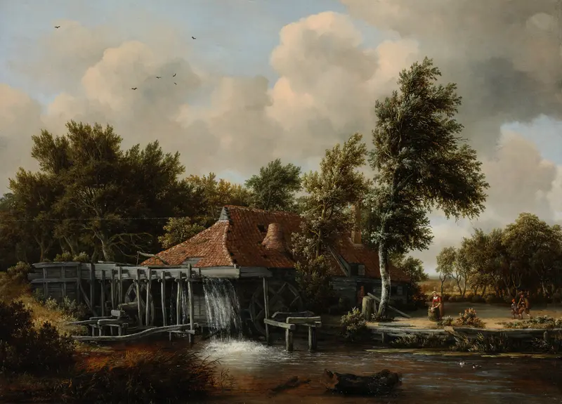 A Watermill by Meindert Hobbema, oil on panel depicting a river and wooden watermill
