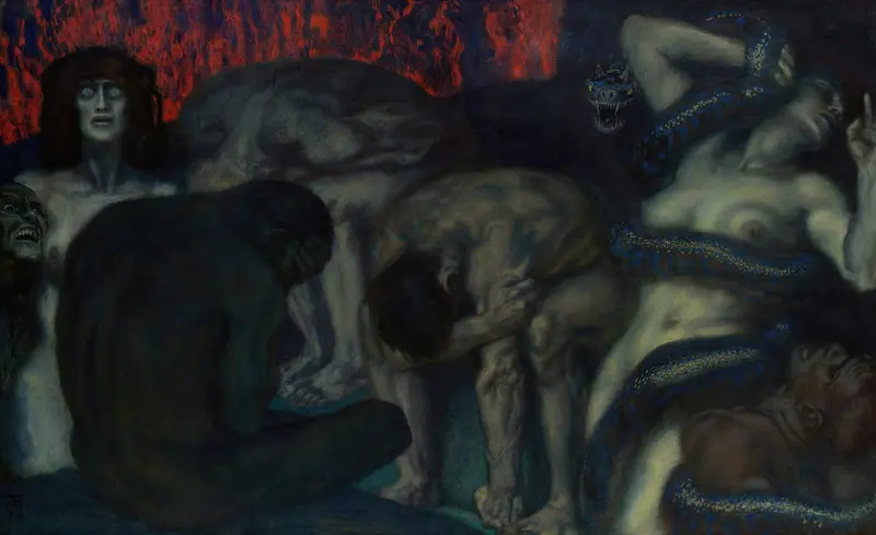 Franz von Stuck's 'Inferno' depicts a dramatic scene filled with intense colors and figures.