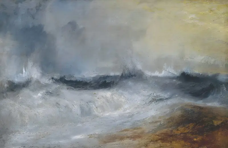 A turbulent seascape depicting waves crashing against the wind under a stormy sky.
