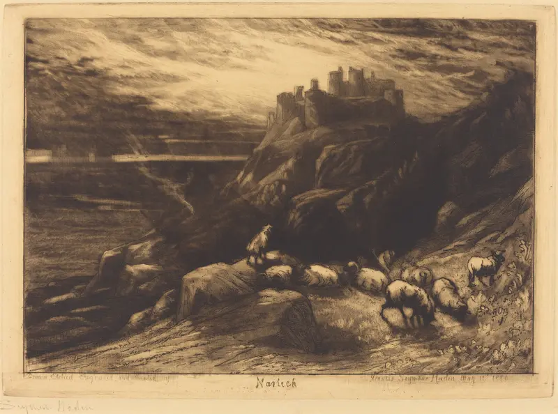 Engraving by Francis Seymour Haden depicting a serene landscape with trees and water.