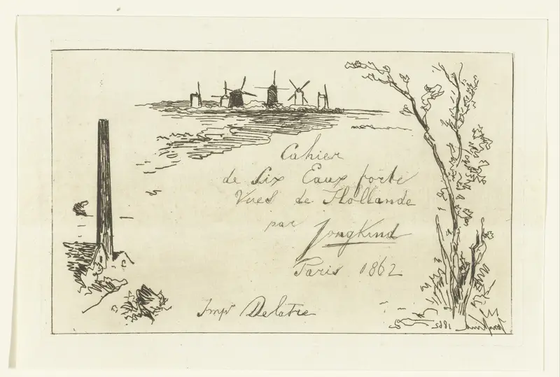 Etching by Johan Barthold Jongkind depicting a Dutch landscape with rolling hills.