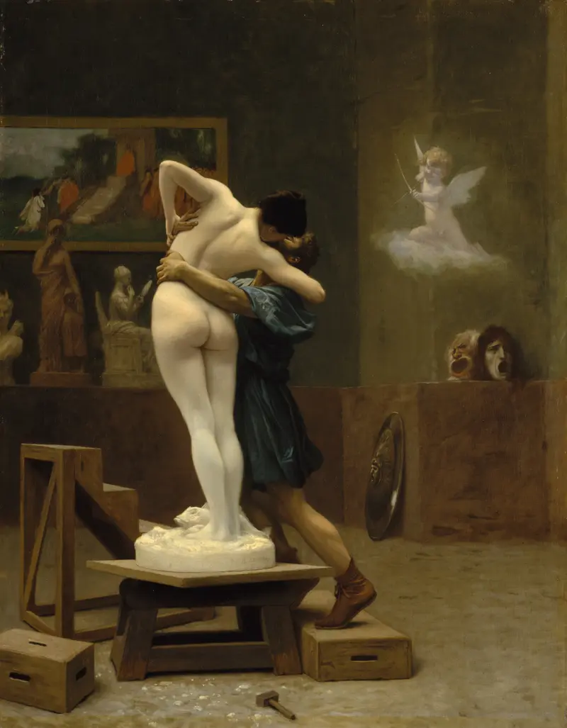 This painting depicts the myth of Pygmalion and Galatea, showcasing a moment of transformation.