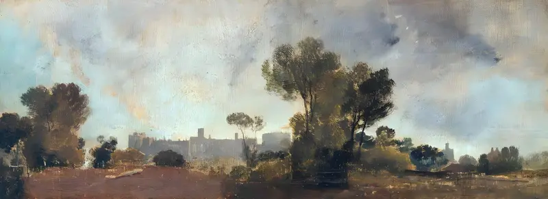 A landscape showing Windsor Castle silhouetted against a luminous sky with trees and a diagonal fallen branch in the foreground.