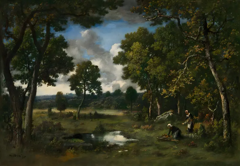 This painting depicts two women by ponds in a lush landscape.