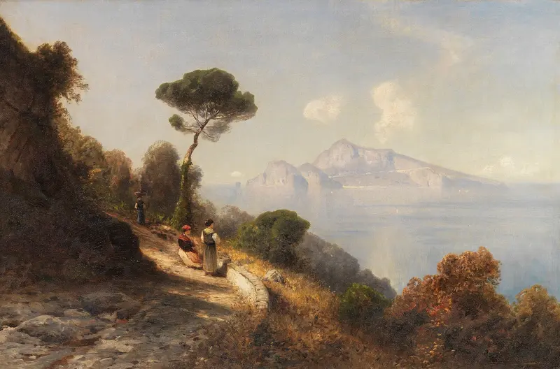 Italienische Küstenlandschaft by Ascan Lutteroth, oil painting depicting a tranquil beach with waves and mountains of Capri.