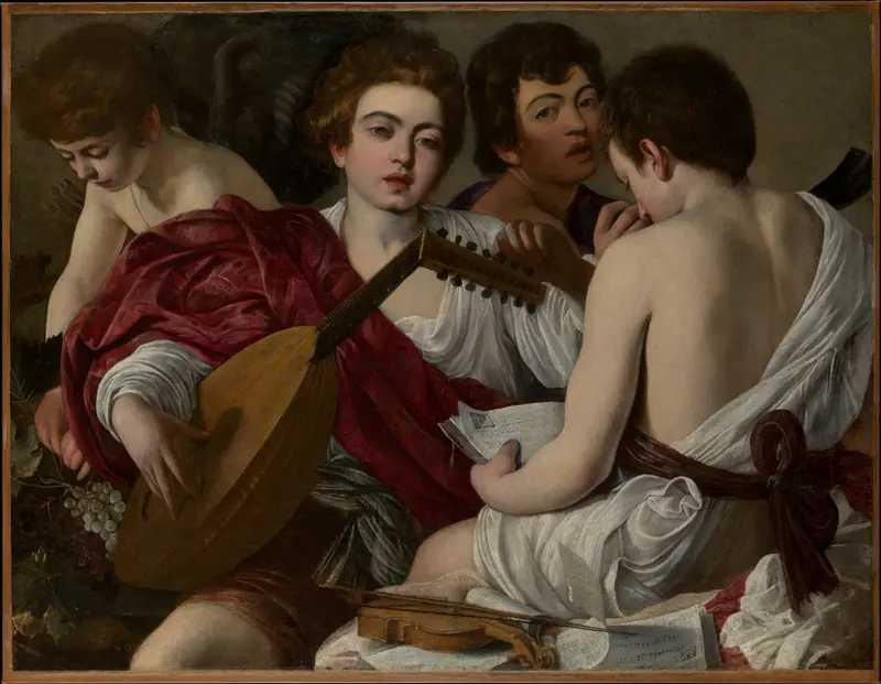 Four young figures in classical robes closely gathered, with one holding a lute, another reaching for grapes, a third reading music, and a fourth singing.