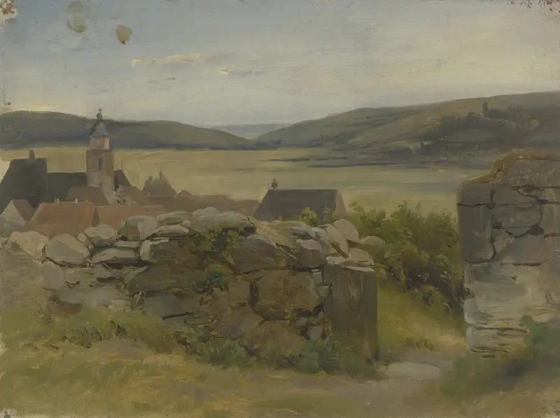 Kleines Dorf mit Blick auf Wiese by Jakob Becker, realism, depicting a tranquil village landscape.