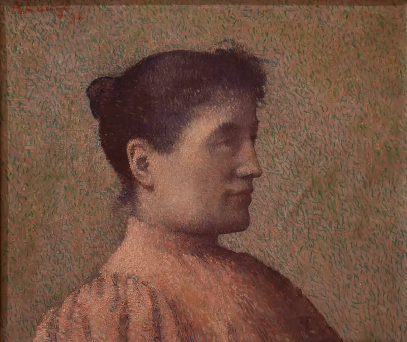 A profile portrait of a woman with a calm gaze, set against a vibrant background of greens and pinks.
