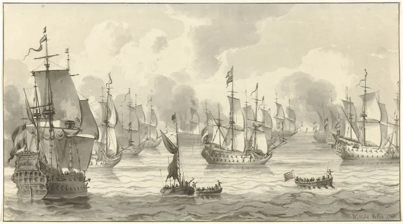 Marine scene with warships at sunset, oil painting by Christiaan Josi
