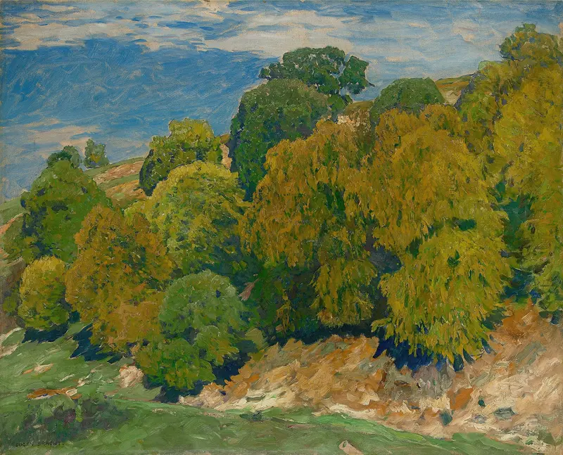 Slope with Beeches, oil painting by Eugen Bracht, features vibrant beech trees and a sloping terrain.