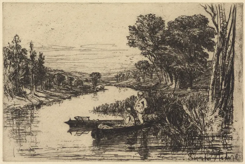 Etching by Francis Seymour Haden depicting two fishermen working by the river.