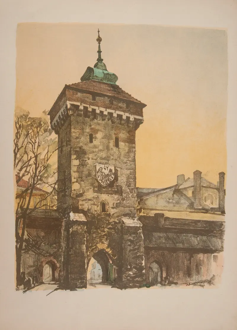 Brama Florianska by Jan Kanty Gumowski, oil painting depicting an archway with vibrant colors.