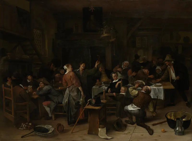 Genre scene of a festive gathering with drinkers, oil on panel by Jan Havicksz. Steen