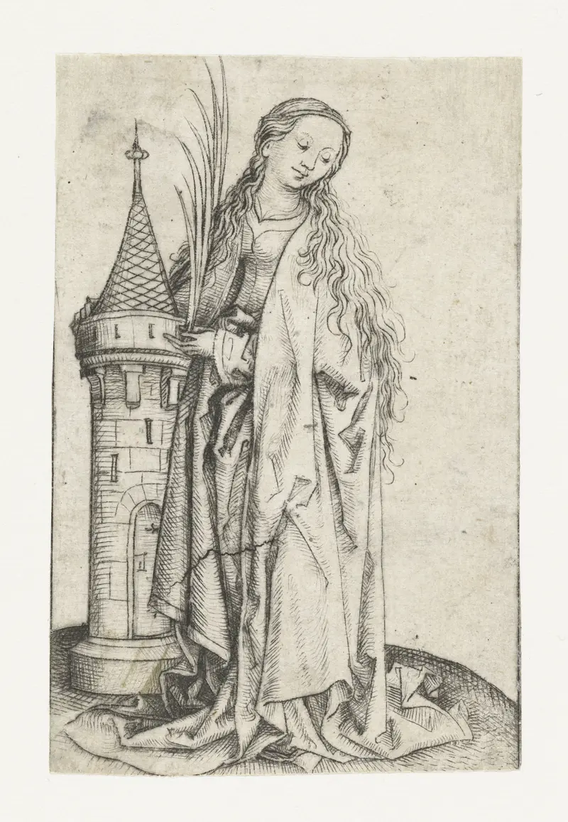 Heilige Barbara drypoint by Meester van het Amsterdamse Kabinet, featuring a saint in vibrant colors.