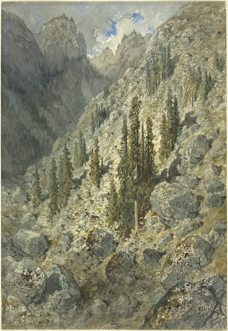 An Alpine Valley with Trees and Boulders by Gustave Doré, depicting a landscape with trees and boulders, 1876.