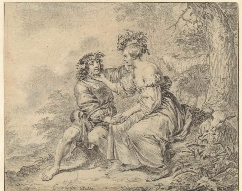 Shepherd and Shepherdess Seated in a Landscape, drawing by Casper Casteleyn