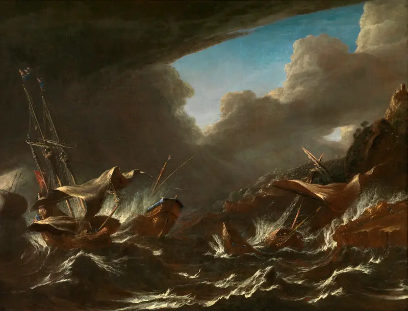 Storm at Sea by Andries van Eertvelt, oil painting of a ship battling turbulent waves.