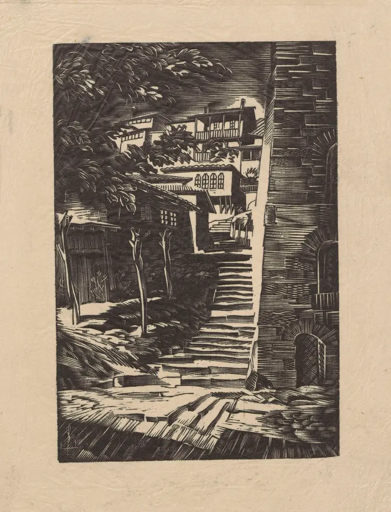 Interior scene featuring worn stairs by Edmund Bartłomiejczyk, expressionism