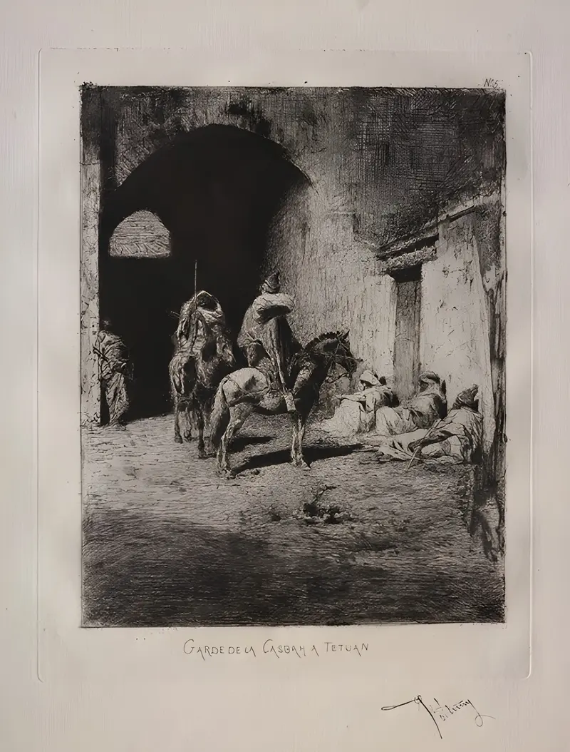 A captivating scene depicting a guard in the Casbah of Tétouan.