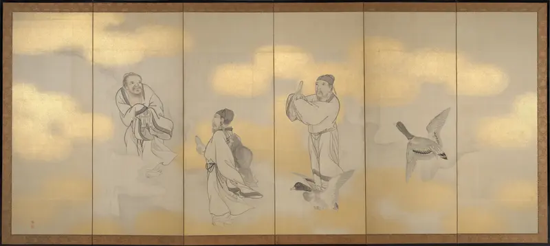 Seven Chinese Immortals by Goshun, gold medium, featuring ethereal figures in flowing robes.