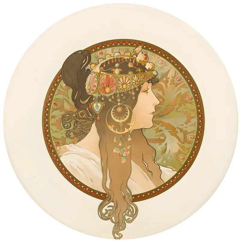 A portrait of a brunette woman with intricate patterns in the background.