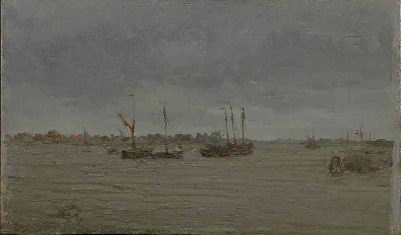 A serene harbor scene with muted greys and greens, featuring drifting boats and a gentle horizon.