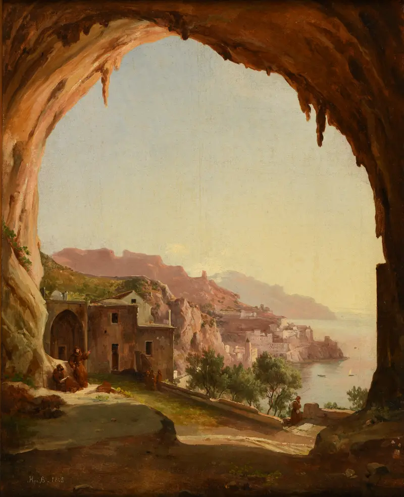 Le Monastère by Jacques-Raymond Brascassat, oil on canvas depicting a monastery with sunlight and a pastel sky.