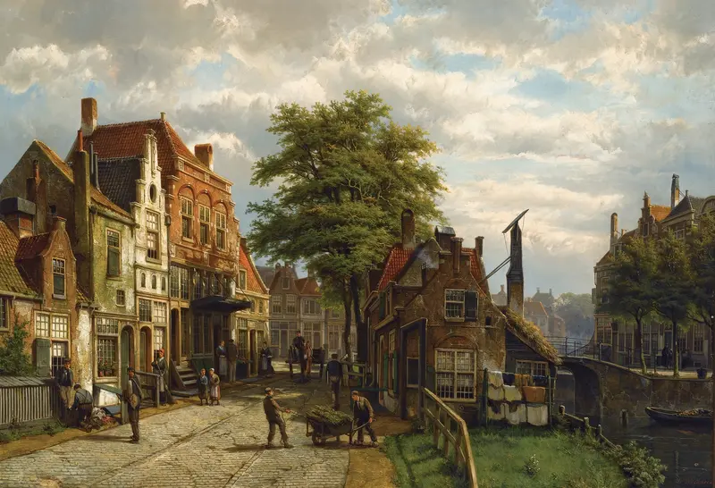Genre scene depicting a sunny Dutch town by Willem Koekkoek, oil painting