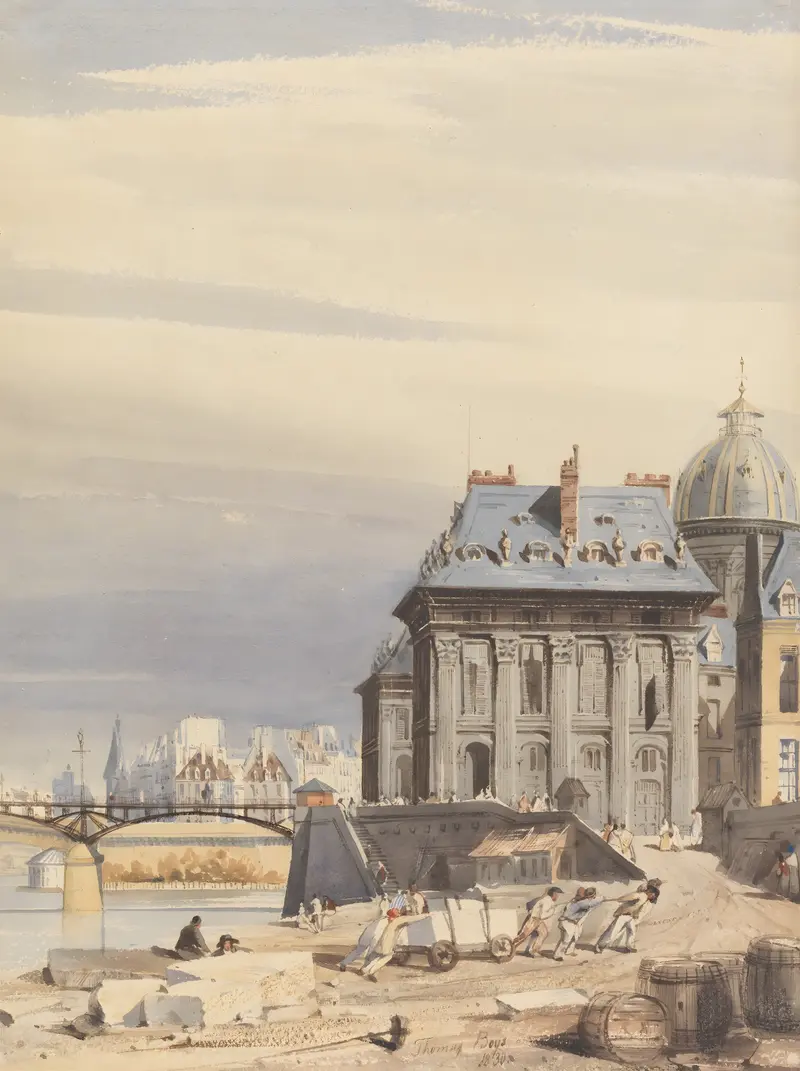 L’Institut de France, Paris by Thomas Shotter Boys, oil painting depicting classical architecture with tall columns.