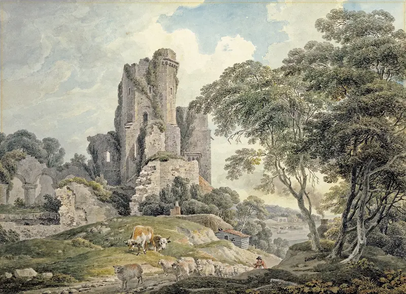 A view of a ruined castle by Michael Angelo Rooker, oil painting depicting crumbling walls and lush greenery.