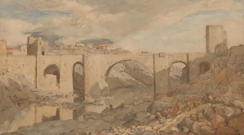 Bridge near Toledo by Marius Bauer, watercolor on paper depicting a bridge over a river