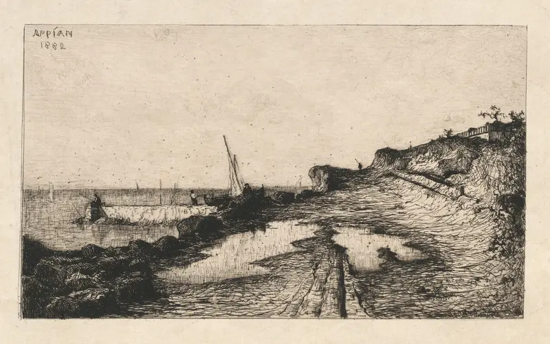 Landscape oil painting by Adolphe Appian featuring rolling hills and a winding path
