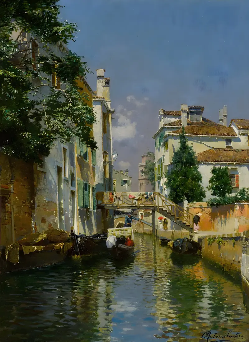 Venetian Backwater with the Campanile of San Geremia church by Rubens Santoro, impressionism
